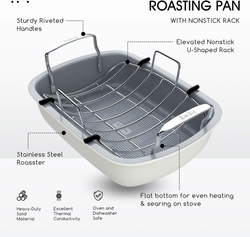 Slow Slog Nonstick Turkey Roasting Pan with Rack, 17 x 13 Inch Turkey Pan, large roaster pan for Meat & Vegetable, White - Image 3